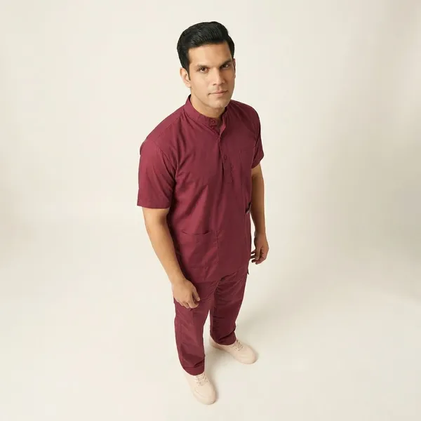 Maroon_9_Pocket_Mandarin_Collar_Scrub_With_Cap_&_Mask_For_Men