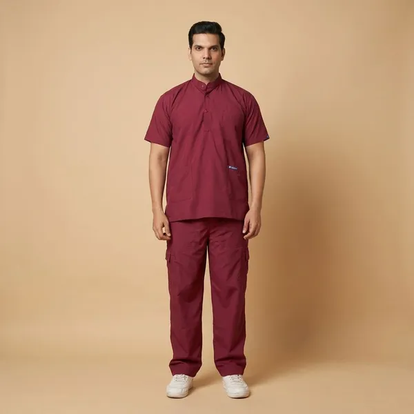 Maroon_9_Pocket_Mandarin_Collar_Scrub_With_Cap_&_Mask_For_Men