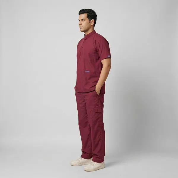 Maroon_9_Pocket_Mandarin_Collar_Scrub_With_Cap_&_Mask_For_Men