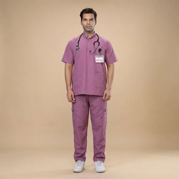 Misty_Pink_9_Pocket_Mandarin_Collar_Scrub_With_Cap_&_Mask_For_Men
