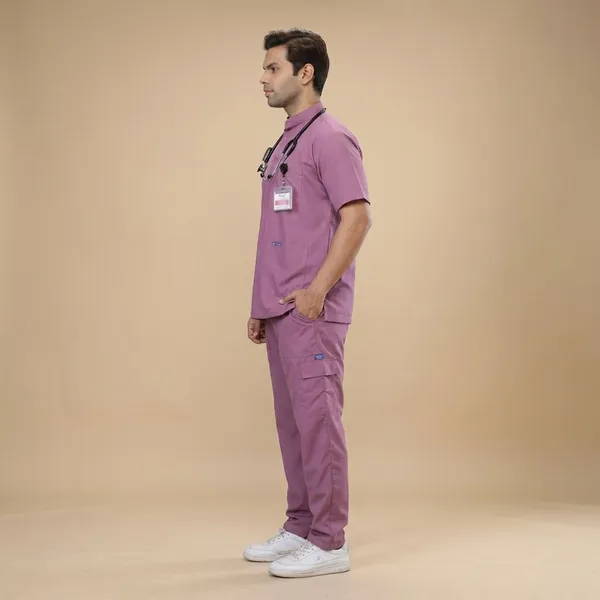 Misty_Pink_9_Pocket_Mandarin_Collar_Scrub_With_Cap_&_Mask_For_Men