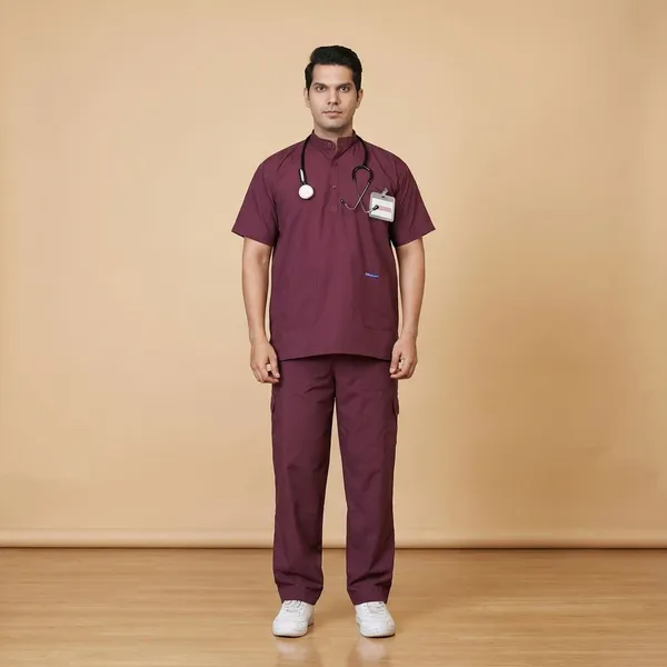 Wine_9_Pocket_Mandarin_Collar_Scrub_With_Cap_&_Mask_For_Men
