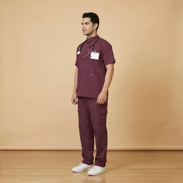 Wine_9_Pocket_Mandarin_Collar_Scrub_With_Cap_&_Mask_For_Men