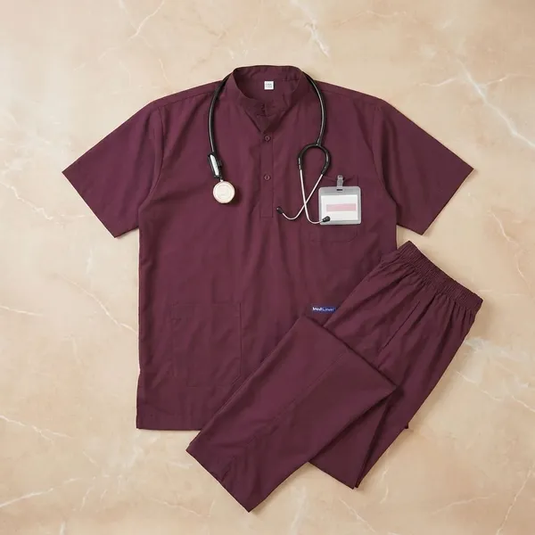 Wine_9_Pocket_Mandarin_Collar_Scrub_With_Cap_&_Mask_For_Men