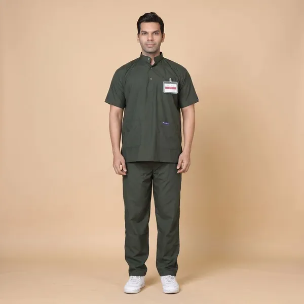 Forest_Green_5_Pocket_Mandarin_Collar_Scrub_With_Cap_&_Mask_For_Men