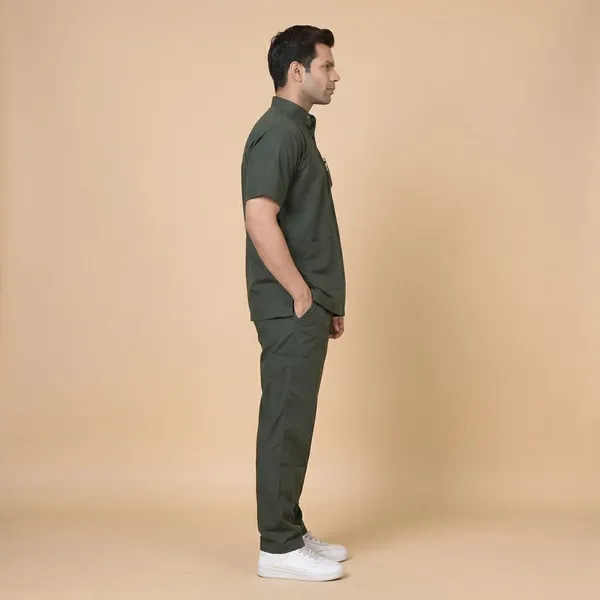 Forest_Green_5_Pocket_Mandarin_Collar_Scrub_With_Cap_&_Mask_For_Men
