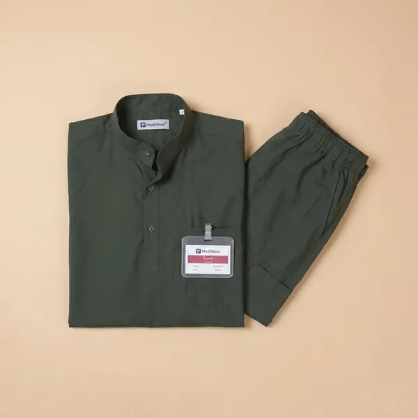 Forest_Green_5_Pocket_Mandarin_Collar_Scrub_With_Cap_&_Mask_For_Men