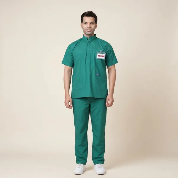 Green_5_Pocket_Mandarin_Collar_Scrub_With_Cap_&_Mask_For_Men