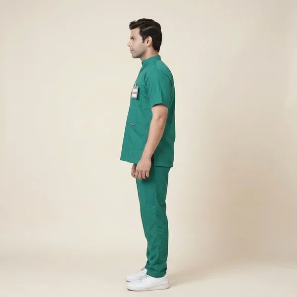 Green_5_Pocket_Mandarin_Collar_Scrub_With_Cap_&_Mask_For_Men