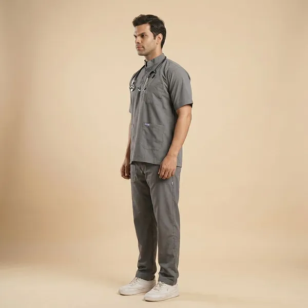 Grey_5_Pocket_Mandarin_Collar_Scrub_With_Cap_&_Mask_For_Men