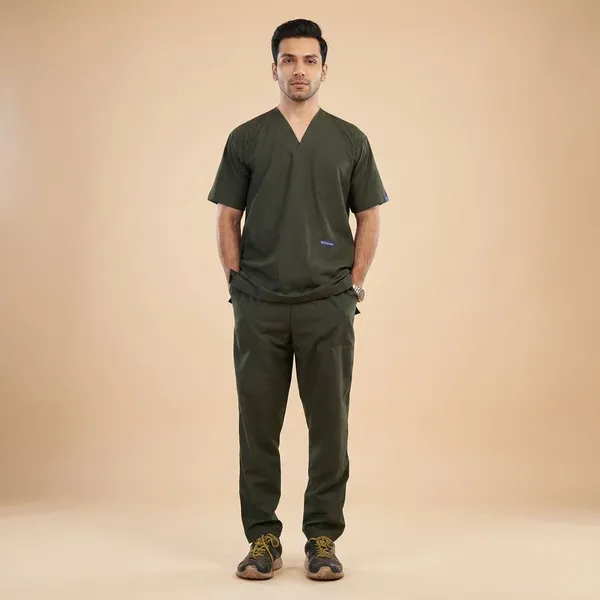 Forest_Green_5_Pocket_V_Neck_Scrub_With_Cap_&_Mask_For_Men