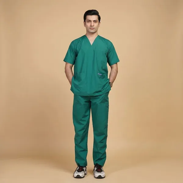 Green_5_Pocket_V_Neck_Scrub_With_Cap_&_Mask_For_Men