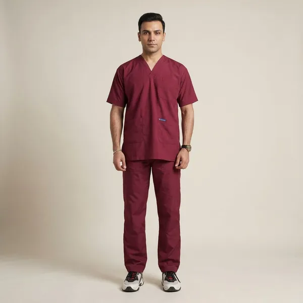 Maroon_5_Pocket_V_Neck_Scrub_With_Cap_&_Mask_For_Men
