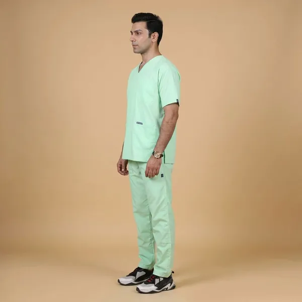 Pastel_Green_5_Pocket_V_Neck_Scrub_With_Cap_&_Mask_For_Men