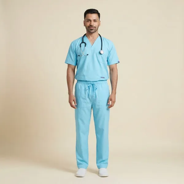 Pastel_Blue_5_Pocket_V_Neck_Scrub_With_Cap_&_Mask_For_Men
