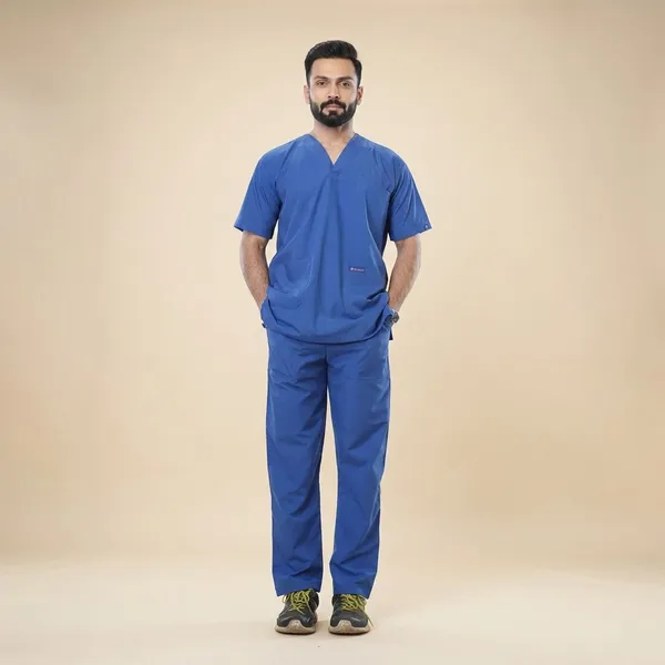 Royal_Blue_5_Pocket_V_Neck_Scrub_With_Cap_&_Mask_For_Men