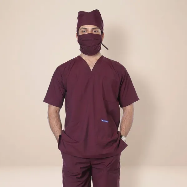 Wine_5_Pocket_V_Neck_Scrub_With_Cap_&_Mask_For_Men