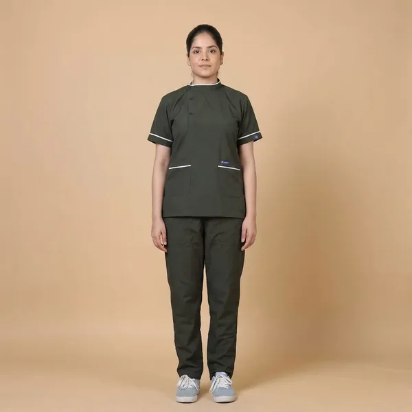 Forest_Green_7_Pocket_Biofit_Collar_Scrub_With_Cap_&_Mask_For_Women