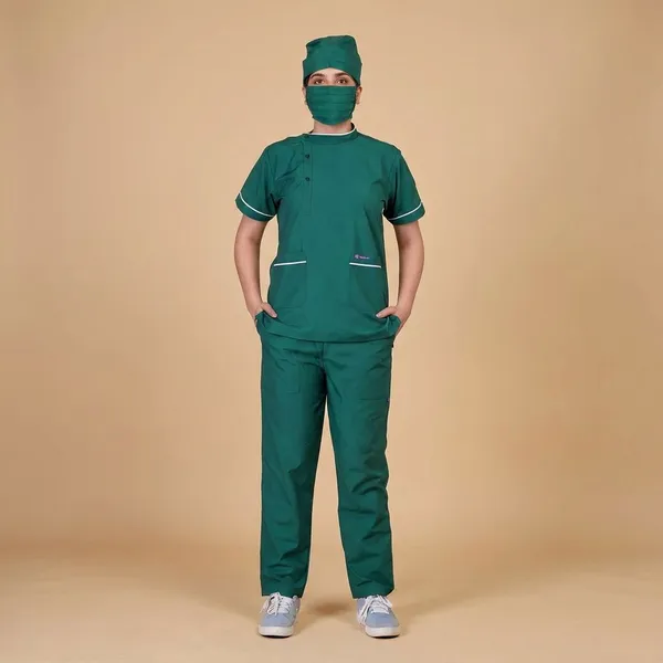 Green_7_Pocket_Biofit_Collar_Scrub_With_Cap_&_Mask_For_Women
