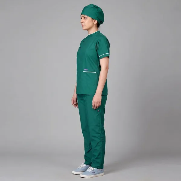 Green_7_Pocket_Biofit_Collar_Scrub_With_Cap_&_Mask_For_Women