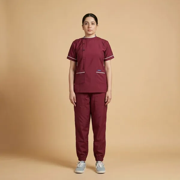 Maroon_7_Pocket_Biofit_Collar_Scrub_With_Cap_&_Mask_For_Women