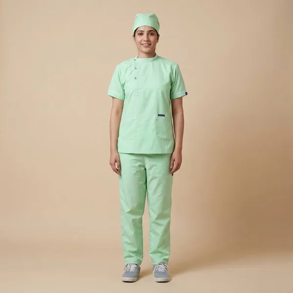 Pastel_Green_7_Pocket_Biofit_Collar_Scrub_With_Cap_&_Mask_For_Women