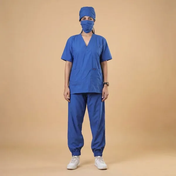 Royal_Blue_7_Pocket_Biofit_Collar_Scrub_With_Cap_&_Mask_For_Women