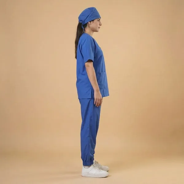 Royal_Blue_7_Pocket_Biofit_Collar_Scrub_With_Cap_&_Mask_For_Women