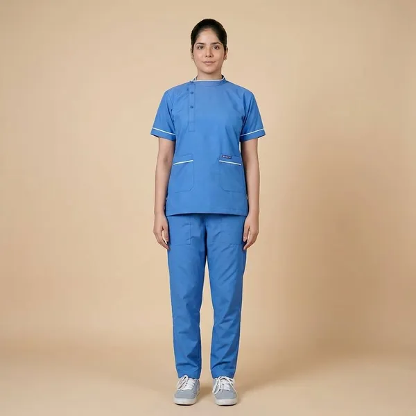 Sky_Blue_7_Pocket_Biofit_Collar_Scrub_With_Cap_&_Mask_For_Women