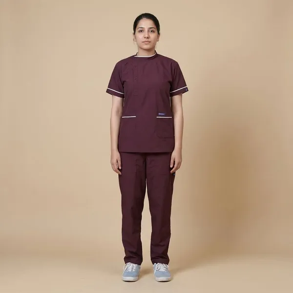 Wine_7_Pocket_Biofit_Collar_Scrub_With_Cap_&_Mask_For_Women