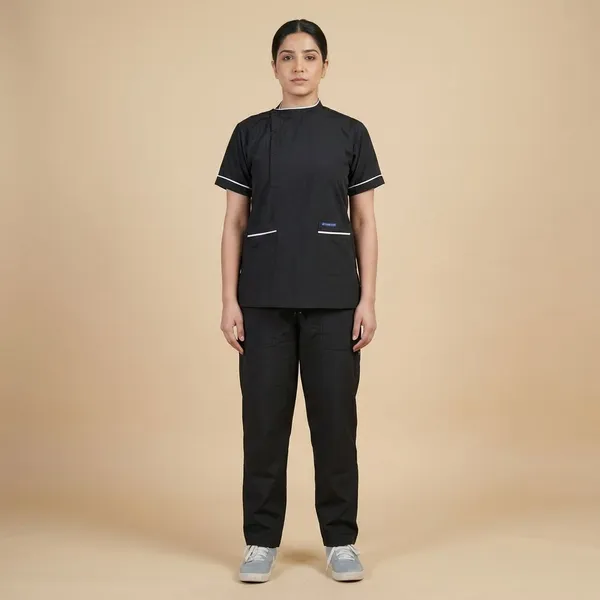 Black_5_Pocket_Biofit_Collar_Scrub_With_Cap_&_Mask_For_Women