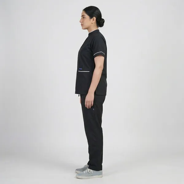 Black_5_Pocket_Biofit_Collar_Scrub_With_Cap_&_Mask_For_Women