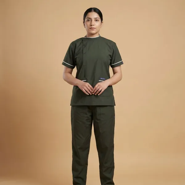 Forest_Green_5_Pocket_Biofit_Collar_Scrub_With_Cap_&_Mask_For_Women