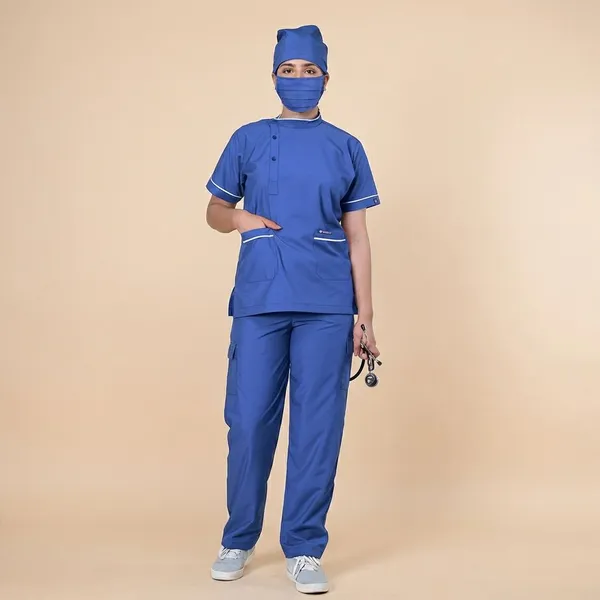 Royal_Blue_5_Pocket_Biofit_Collar_Scrub_With_Cap_&_Mask_For_Women