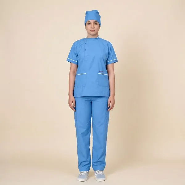 Sky_Blue_5_Pocket_Biofit_Collar_Scrub_With_Cap_&_Mask_For_Women
