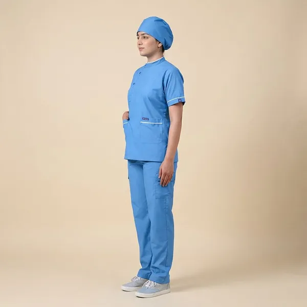 Sky_Blue_5_Pocket_Biofit_Collar_Scrub_With_Cap_&_Mask_For_Women
