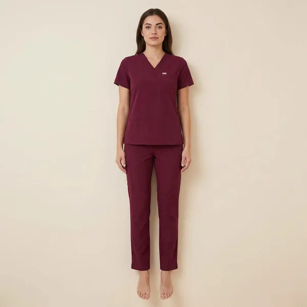 Maroon_9_Pocket_Biofit_Collar_Scrub_With_Cap_&_Mask_For_Women