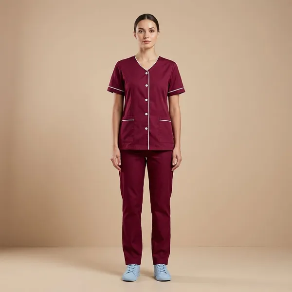 Maroon_9_Pocket_Biofit_Collar_Scrub_With_Cap_&_Mask_For_Women