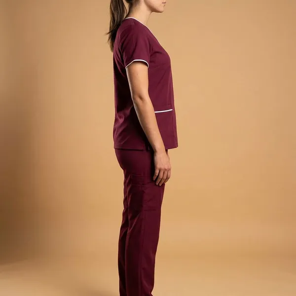 Maroon_9_Pocket_Biofit_Collar_Scrub_With_Cap_&_Mask_For_Women