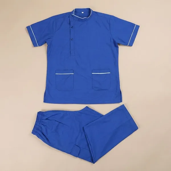 Royal_Blue_9_Pocket_Biofit_Collar_Scrub_With_Cap_&_Mask_For_Women