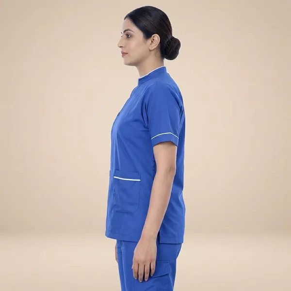 Royal_Blue_9_Pocket_Biofit_Collar_Scrub_With_Cap_&_Mask_For_Women