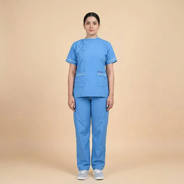 Sky_Blue_9_Pocket_Biofit_Collar_Scrub_With_Cap_&_Mask_For_Women