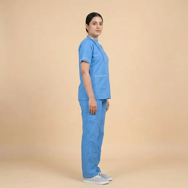 Sky_Blue_9_Pocket_Biofit_Collar_Scrub_With_Cap_&_Mask_For_Women