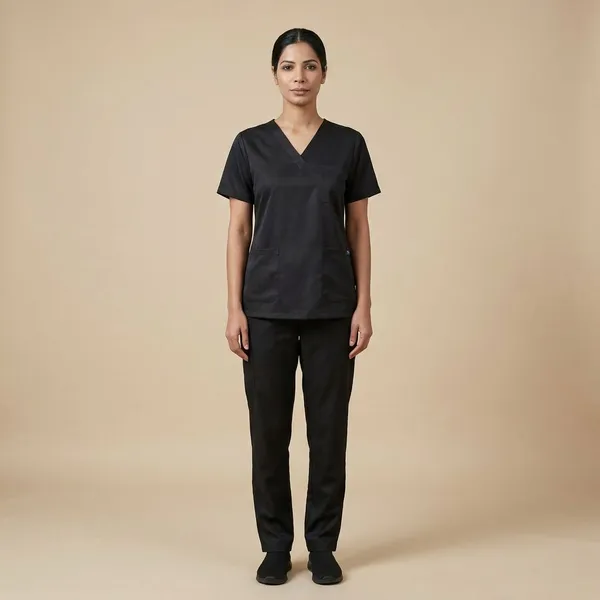 Black_9_Pocket_Scrub_V_Neck_With_Cap_&_Mask_For_Women