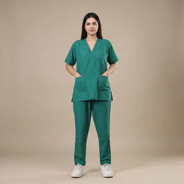 Green_9_Pocket_Scrub_V_Neck_With_Cap_&_Mask_For_Women