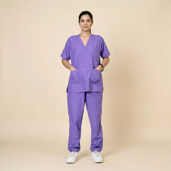 Lavender_9_Pocket_Scrub_V_Neck_With_Cap_&_Mask_For_Women