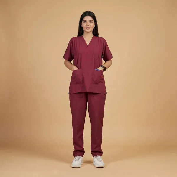 Maroon_9_Pocket_Scrub_V_Neck_With_Cap_&_Mask_For_Women