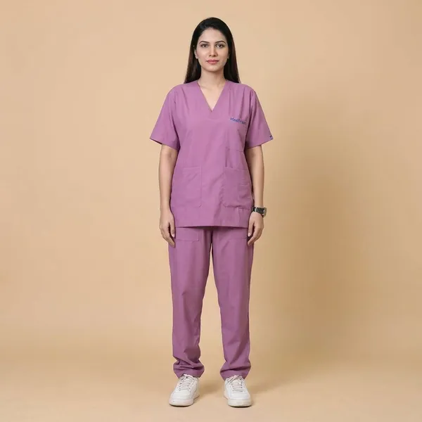 Misty_Pink_9_Pocket_Scrub_V_Neck_With_Cap_&_Mask_For_Women