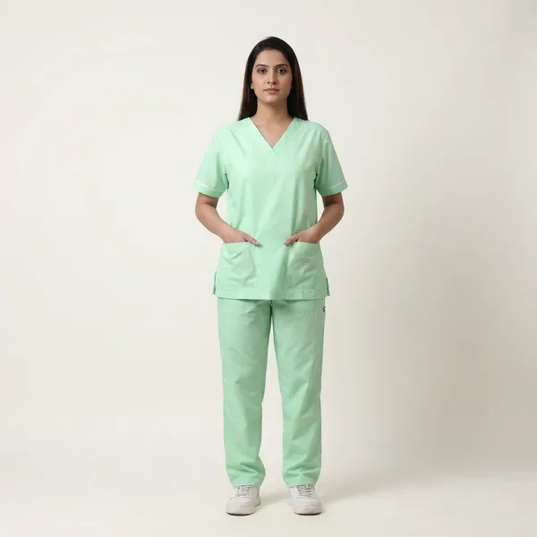 Pastel_Green_9_Pocket_Scrub_V_Neck_With_Cap_&_Mask_For_Women