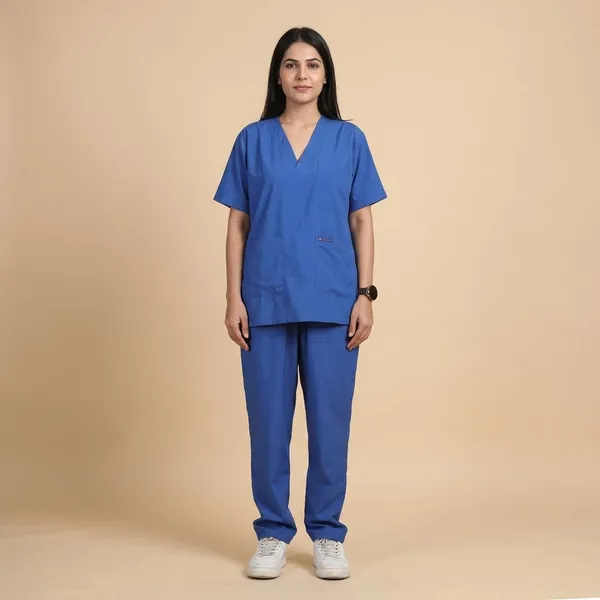 Royal_Blue_9_Pocket_Scrub_V_Neck_With_Cap_&_Mask_For_Women